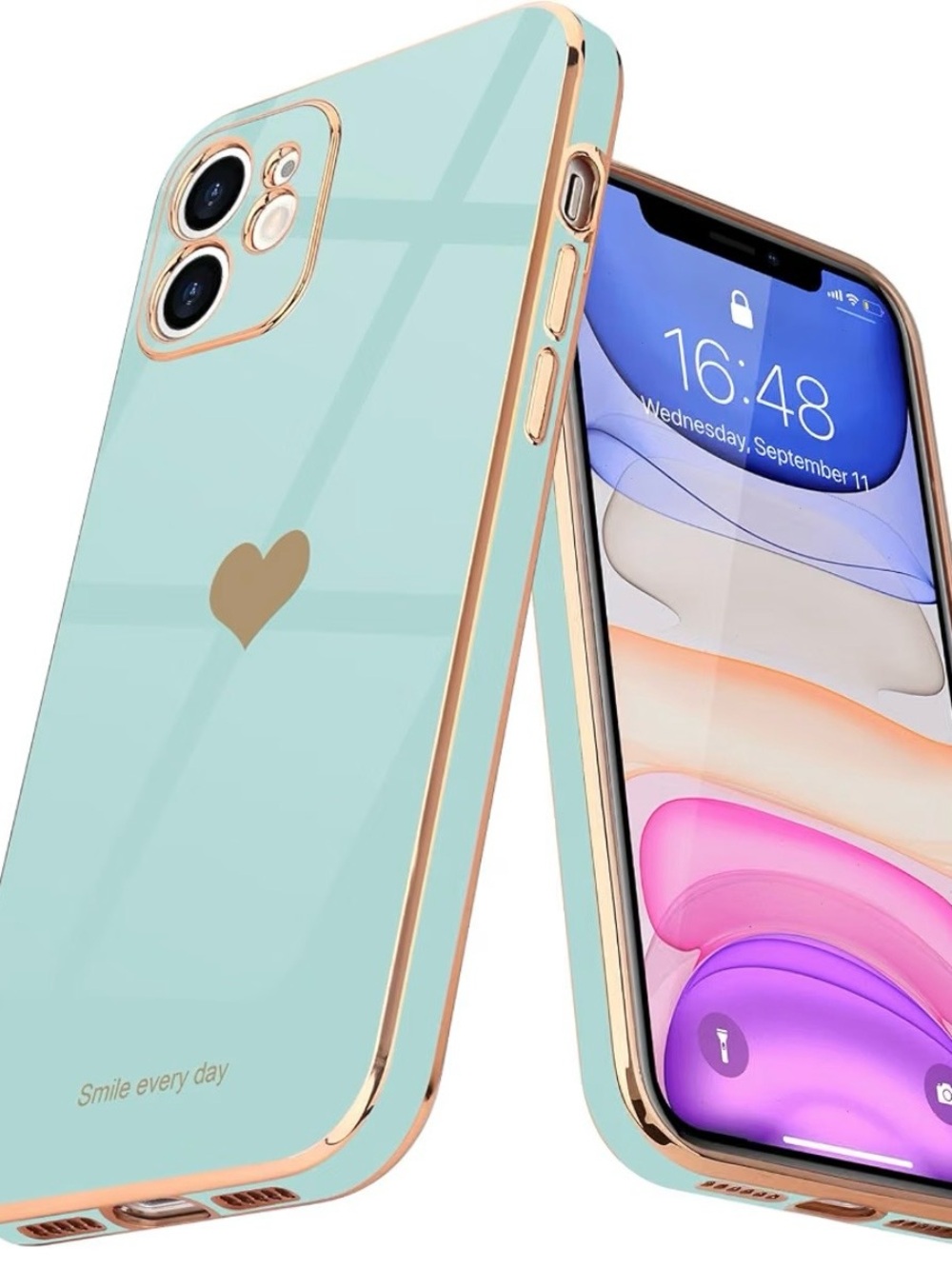 Teageo Pearl Aqua Gold Trim iPhone 11 Case with Heart  -  “Smile Everyday”